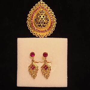 Guilloche Goldtone Tearshaped Brooch and Matching Earrings